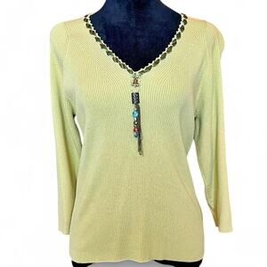 Cynthia Steffe 90s Ribbed Chartreuse Knit Top – Whimsy Beaded Detail [L]